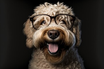 Happy dog smiling with glasses, cute puppy, happy pet, vet day, isolated black background, Generative AI