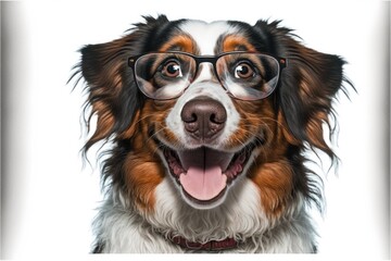 Happy dog smiling with glasses, cute puppy, happy pet, vet day, isolated white background, Generative AI