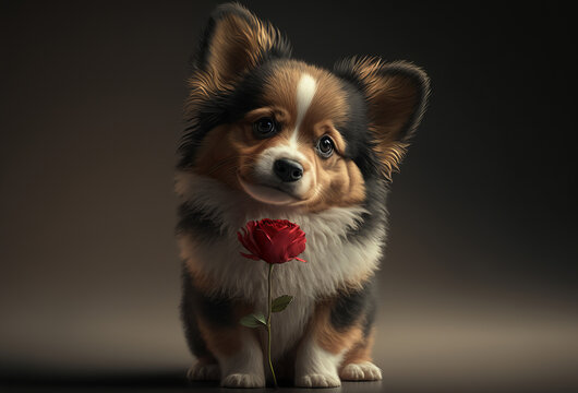 Cute puppy dog with red roses. Valentines celebration. Generative ai