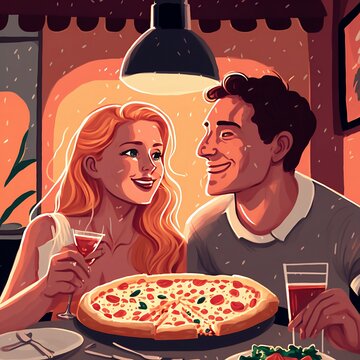 Happy couple eating pizza romantic dinner