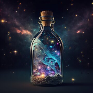 Cosmos in a Bottle, Potion of Transcendence, Stars, Night Elixir, Sleeping Magic, Magical Colorful RPG Alchemy [AI Generative]