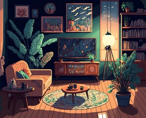 illustration, cartoon, living room with tv and furniture,generative AI