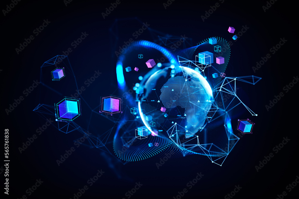 Poster earth globe and digital world with data blocks and virtual connection