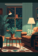 illustration, cartoon, living room with tv and furniture,generative AI