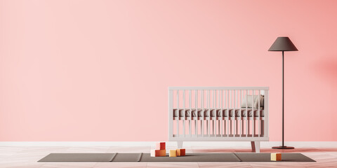 Pink baby room interior with crib and toys, mockup wall