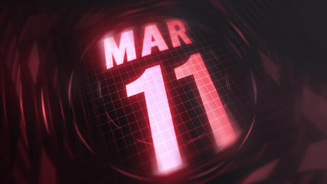 11 March in 3d motion graphic. Infrared calendar in futuristic and tech glowing neon for takes, commemoratives in led and etc. 4k in loop