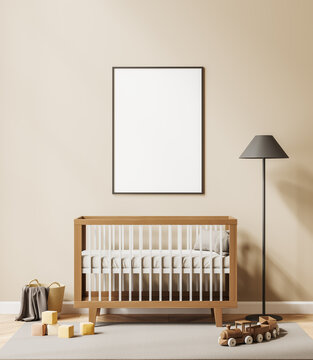 Front view on bright baby room with empty white poster
