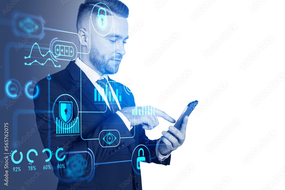 Poster businessman using phone, digital cybersecurity chart with statistics. copy space