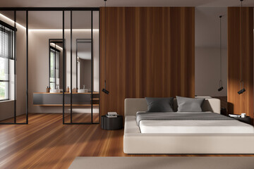 Light bedroom interior with sleeping area and two washbasins near window