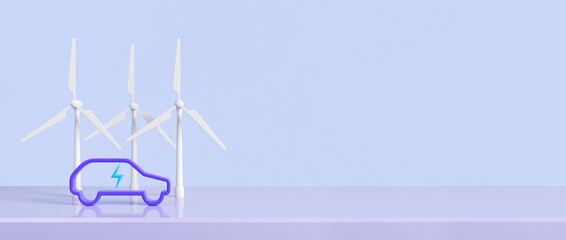 Fototapeta na wymiar Wind power station and electric car on empty blue background