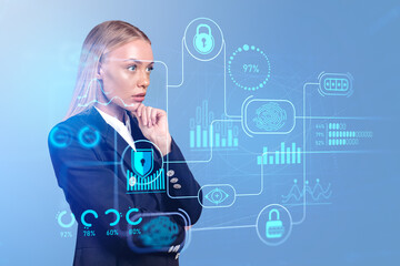 Pensive businesswoman and cybersecurity chart with statistics and data privacy
