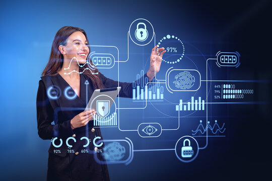 Businesswoman finger touch digital cybersecurity chart with big business data