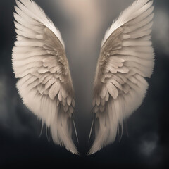 Fototapeta na wymiar Generative AI: Dream like, realistic angel wings background with a white wing of a bird