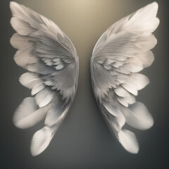Generative AI: Dream like, realistic angel wings background with a white wing of a bird