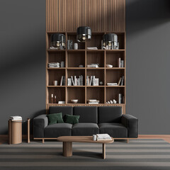 Dark relaxing interior with couch and wooden shelf, panoramic window