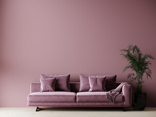 Living room in pink color. Empty wall for art,pictures. Cozy lounge or reception area with a velet sofa. Design modern room - interior mockup. 3d rendering - obrazy, fototapety, plakaty