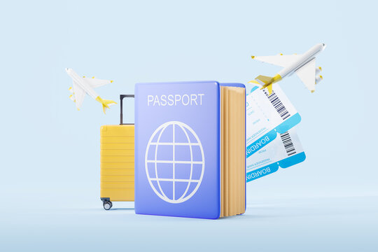 Passport and suitcase with boarding pass, airplane flying