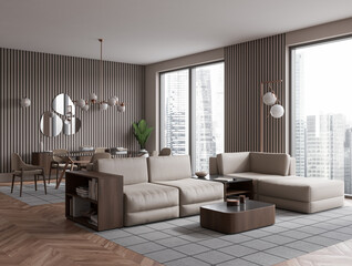Beige living room interior with couch and eating corner, panoramic window