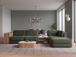 Grey living room interior with couch and eating table, panoramic window
