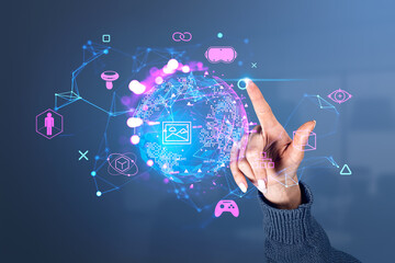 Woman finger touch earth globe hologram and cyberspace, worldwide connection