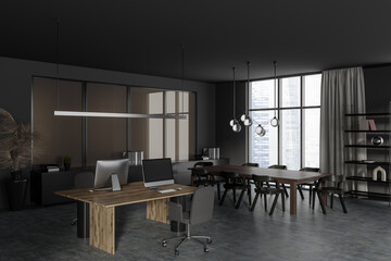 Grey office interior with coworking, conference area and panoramic window