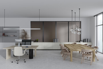 Modern office interior with coworking and meeting area near panoramic window