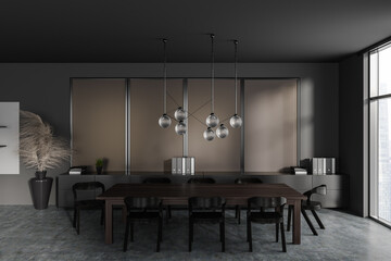 Grey meeting interior with table, sideboard and panoramic window