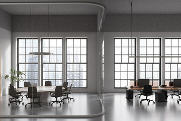 Grey office interior with conference and coworking area near panoramic window