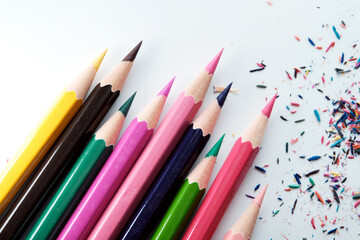 Top view of wooden colored pencils