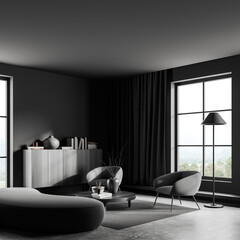 Grey chill interior with couch, armchair with drawer and panoramic window
