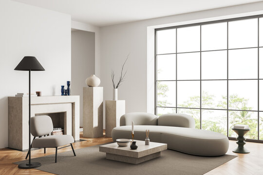 Corner view on bright living room interior with sofa