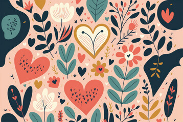 Abstrakter, floraler Hintergrund mit Blumen und Herzen - Generative AI