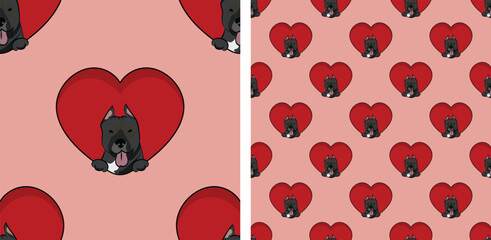 Pit bull dog with paws pattern, Valentine's day red heart wallpaper. Love heart with pet head holiday texture. Dog face Holding Heart Cartoon square background. St Valentine's day present paper.