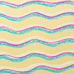 yellow paper with wavy retro blue, pink, and white line pattern