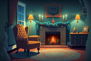cartoon illustration, living room with fireplace at christmas,generative AI