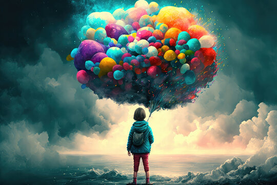 digital illustration painting of child holding balloons standing in front of fantasy storm, sea. (ai generated)