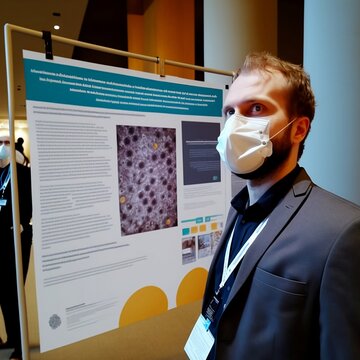 Man presenting a poster at a scientific conference during pandemic, Generative AI