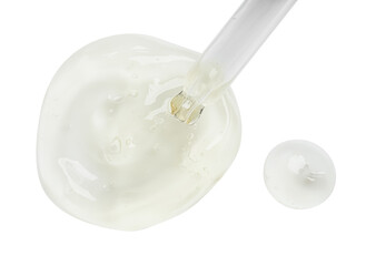 Dripping facial gel from pipette on white background, top view