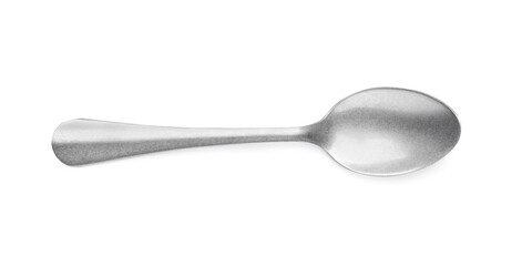 New clean shiny spoon isolated on white, top view