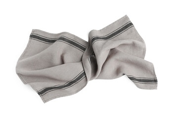 Grey cloth napkin with stripes isolated on white, top view