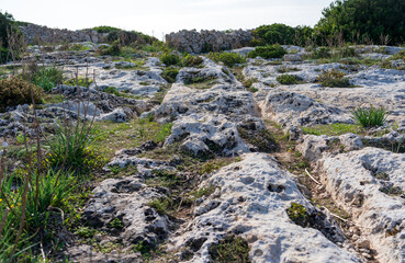 Fototapeta na wymiar Cart ruts on the island of Malta at Misrah Ghar il-Kbir (Clapham Junction)