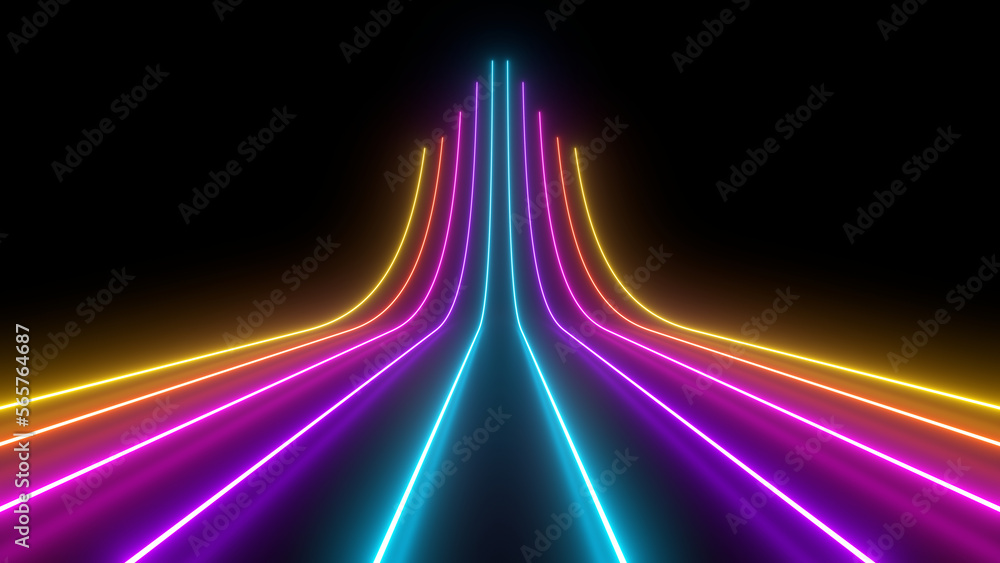 Poster sci fy neon glowing wave lines in a dark hall. reflections on the floor. 3d rendering image. abstrac