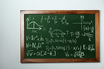 Chalkboard with many different math formulas on white wall