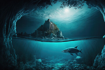 Fantasy underwater seascape with lost city. Generative AI