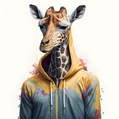 Portrait of a fitness athlete giraffe wearing colorful sportswear, generative ai