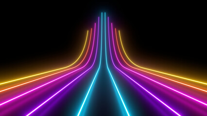 Sci Fy neon glowing wave lines in a dark hall. Reflections on the floor. 3d rendering image. Abstract glowing lines. Techology futuristic background.