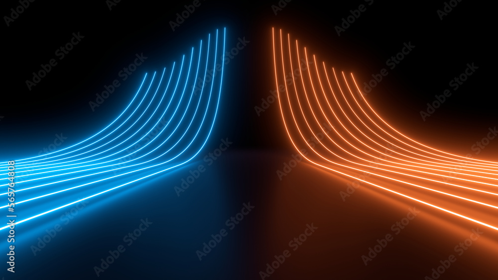 Aufkleber sci fy neon glowing wave lines in a dark hall. reflections on the floor. 3d rendering image. abstrac