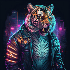 Neon tiger in leather jacket. Generative AI