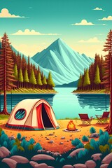 cartoon illustration, tents between mountains and lake, generative AI