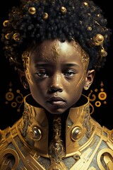 Afrofuturistic Young Boy King, AI Generated Portrait of a   Young Nubian Prince